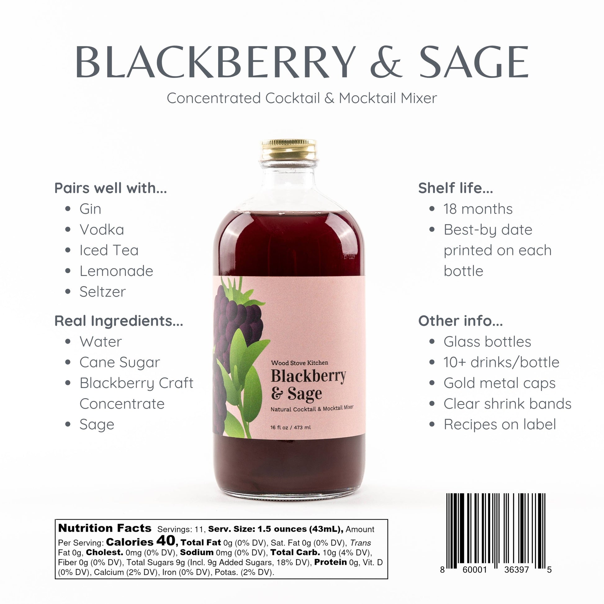 Blackberry & Sage Cocktail and Mocktail Mixer, 16 fl oz
