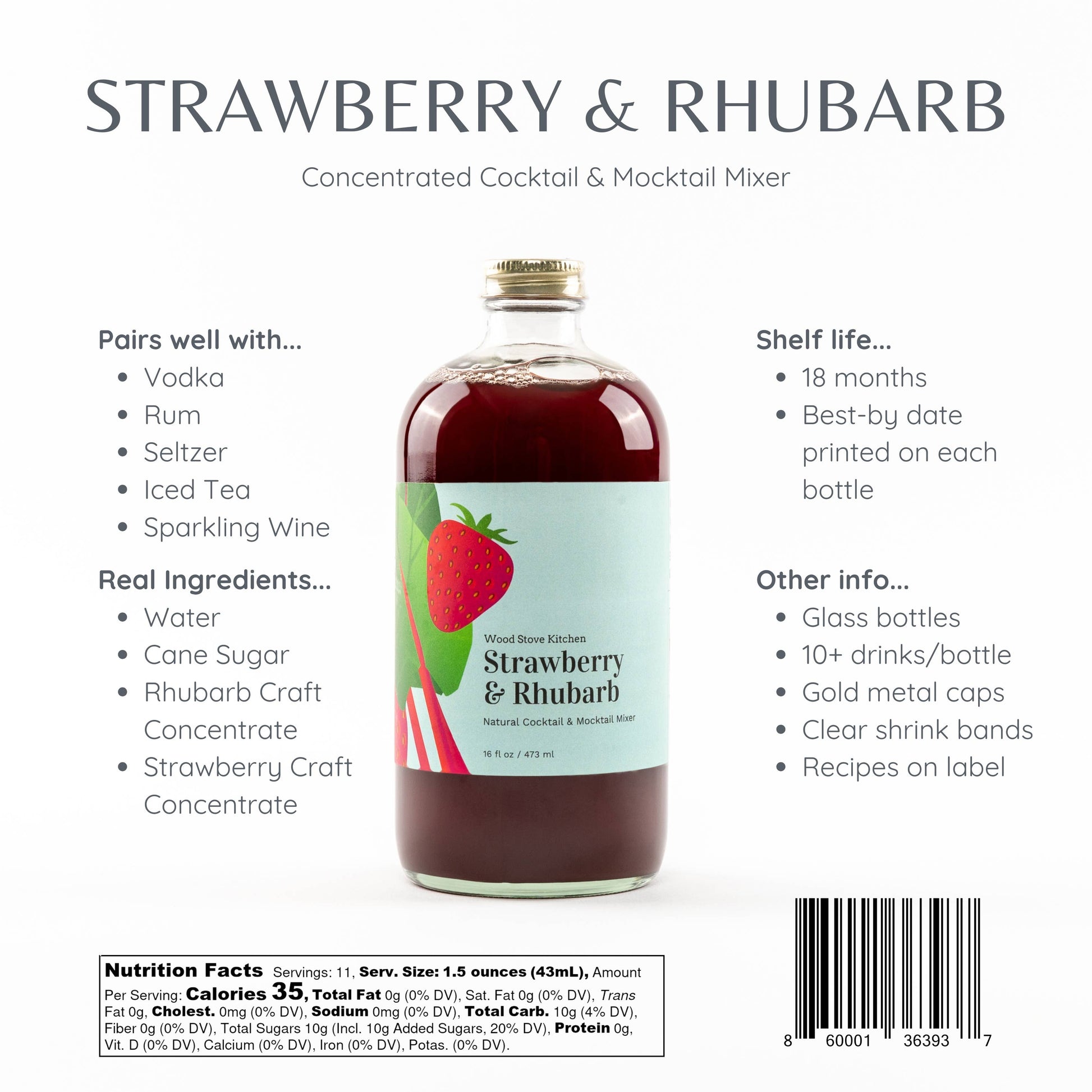 Strawberry & Rhubarb Cocktail and Mocktail Mixer, 16 fl oz